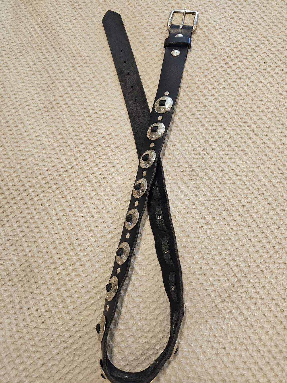 Vintage Handmade Black And Silver Concho Belt Unisex - Picture 6 of 12